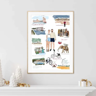 Affiche couple personnalisé avec cadre. Dessin d'un couple qui retrace leur date de rencontre et leur histoire d'amour.