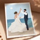 Affiche personnalisée mariage couple. Dessiné par Denadda à partir de plusieurs photos dans un style illustration.