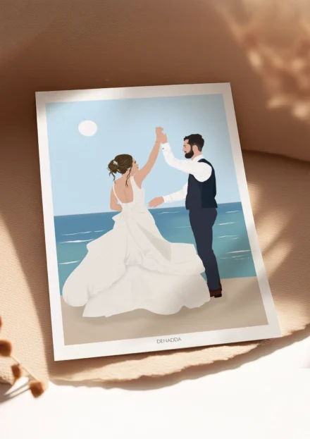 Affiche personnalisée mariage couple. Dessiné par Denadda à partir de plusieurs photos dans un style illustration.