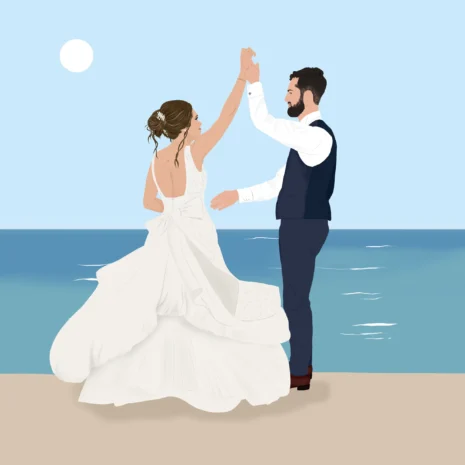 Affiche personnalisée mariage couple. Dessiné par Denadda à partir de plusieurs photos dans un style illustration.