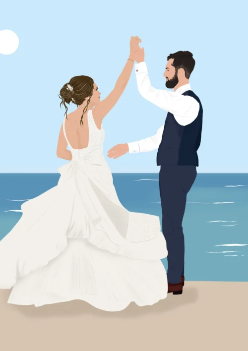 Affiche personnalisée mariage couple. Dessiné par Denadda à partir de plusieurs photos dans un style illustration.