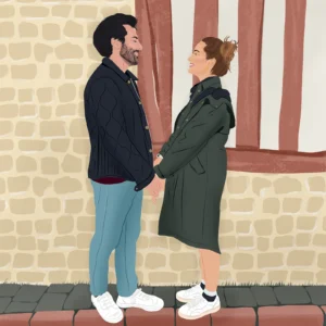 Illustration personnalisée couple avec un fond illustré. Denadda