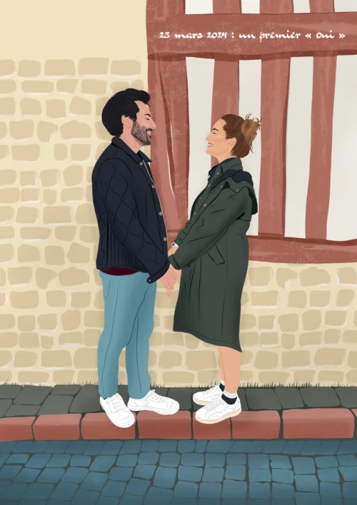Illustration personnalisée couple avec un fond illustré. Denadda