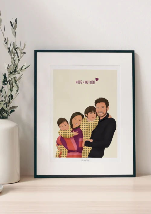 Illustration personnalisée famille Illustration personnalisée d'une famille de 4 personnes avec texte. Un cadre personnalisé par Denadda.