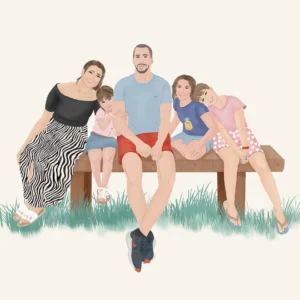 Illustration personnalisée d'une famille de 5 personnes assis sur un banc. Affiche illustrée par Denadda.