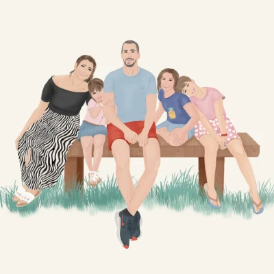 Illustration personnalisée d'une famille de 5 personnes assis sur un banc. Affiche illustrée par Denadda.