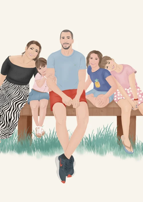 Illustration personnalisée d'une famille de 5 personnes assis sur un banc. Affiche illustrée par Denadda.