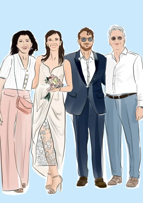 Dessin personnalisé Dessin personnalisé d(un mariage, sur un fond uni bleu dessinés par Denadda.