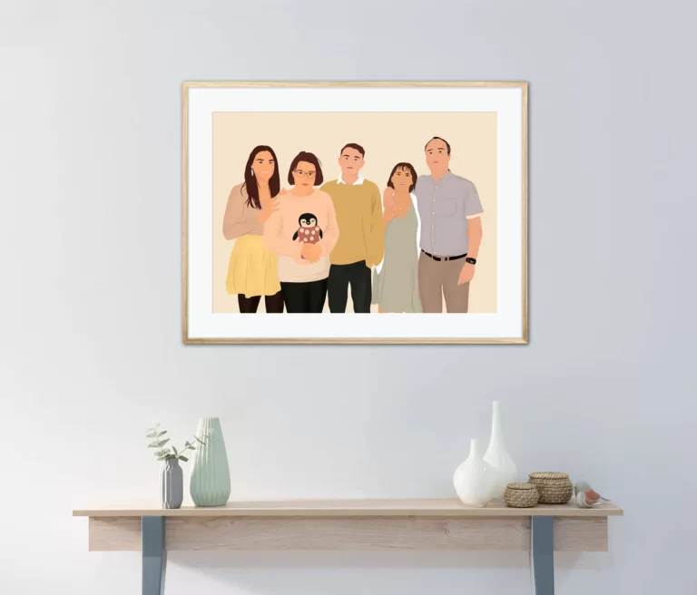 Portrait famille personnalisé, tableau personnalisé famille avec ce joli cadre en bois comme décoration d'intérieur, une idée de cadeau original et unique dessiné par Denadda.