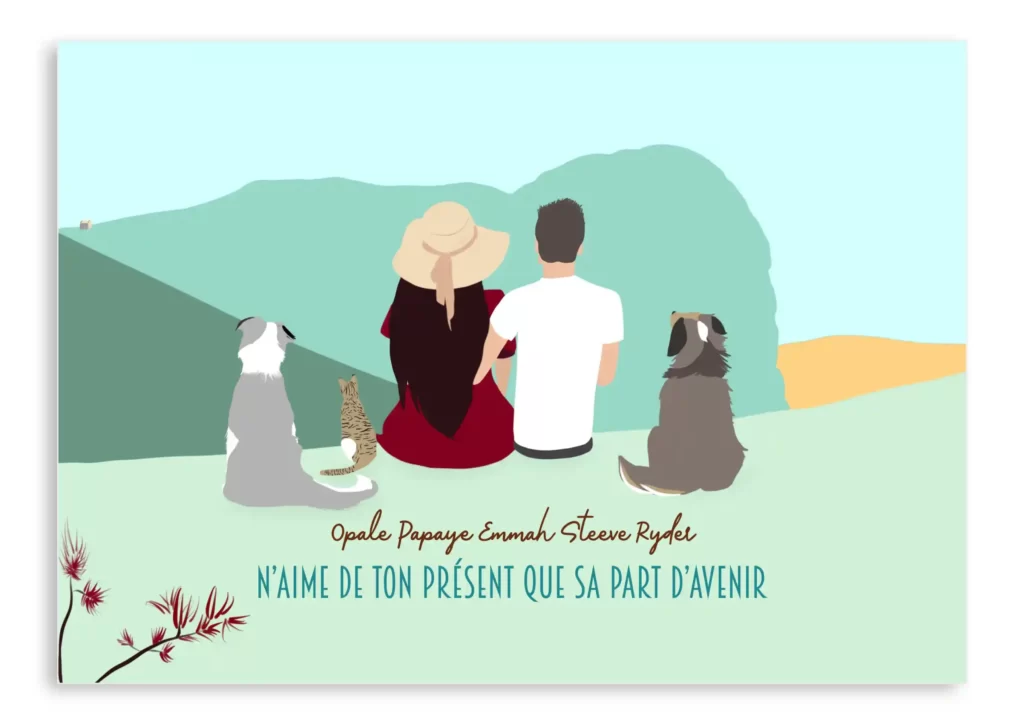 Affiche famille personnalisée de dos  avec animaux. Dessin d'un couple, 2 chiens et 1 chat illustrés de dos. Affiche dessiné par DENADDA.