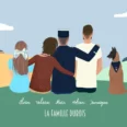 Dessin famille 4 personnes de dos plus un animal. Une affiche personnalisée avec prénom et nom de la famille. Illustrée de dos à partir de plusieurs photos. DENADDA.