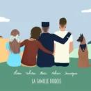 Dessin famille 4 personnes de dos plus un animal. Une affiche personnalisée avec prénom et nom de la famille. Illustrée de dos à partir de plusieurs photos. DENADDA.