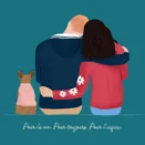 Dessin famille de dos personnalisé avec prénoms. Portrait couple et 1 chien. Une affiche de dos dessinée à partir de plusieurs photos. DENADDA.