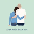 Dessin famille de dos. Portrait couple personnalisé avec texte. Une affiche illustrée à partir de plusieurs photos. DENADDA.