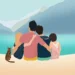 Portrait de famille personnalisé de dos avec 4 personnes et 1 chat avec paysage illustré. DENADDA
