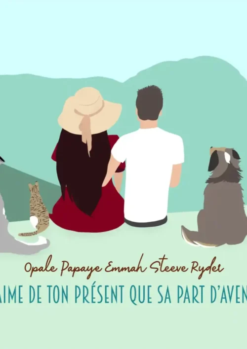 Portrait famille personnalisé de dos. Dessin d'un couple, 2 chiens et 1 chat. Une affiche personnalisée de dos avec prénom et une citation, dessinée à partir de plusieurs photos. DENADDA.