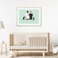 Tableau famille personnalisé de dos avec prénom. 3 personnes et 2 chat. Un portrait de dos dessiné par DENADDA.