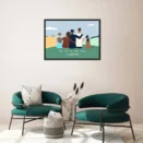 Tableau famille personnalisé 4 personnes avec prénom et fond illustré. Un portrait personnalisé par DENADDA.