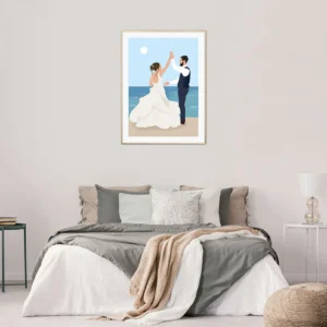 Affiche personnalisée dans un cadre. Mariage d'un couple au bord de la mer. Illustration dessinée par DENADDA.