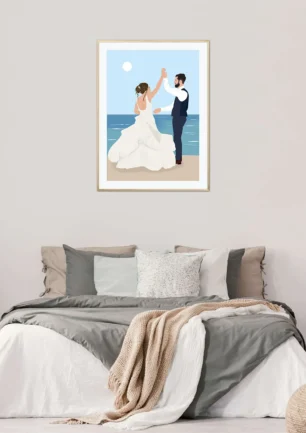 Affiche personnalisée dans un cadre. Mariage d'un couple au bord de la mer. Illustration dessinée par DENADDA.