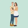 Affiche personnalisée style illustration, un couple et 2 animaux sur un fond vert turquoise uni. DENADDA.