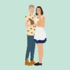 Affiche personnalisée style illustration, un couple et 2 animaux sur un fond vert turquoise uni. DENADDA.