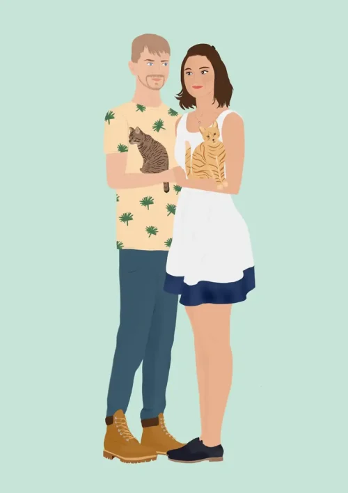 Affiche personnalisée - Style illustration Affiche personnalisée style illustration, un couple et 2 animaux sur un fond vert turquoise uni. DENADDA.