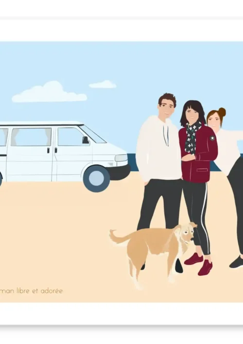 Affiche personnalisée - Style illustration avec texte et marge blanche Une affiche personnalisée à partir de plusieurs photos. avec du texte. Van life en famille, 3 personnes et 1 chien à la plage devant leur van. Dessiné dans un style illustration par DENADDA