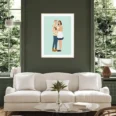 Affiche personnalisée à partir de plusieurs photos. Un couple et 2 chat sur un fond vert uni dans un cadre personnalisé par DENADDA.