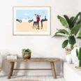 Affiche personnalisée dans un cadre, style illustration. Famille, van life de 3 personnes et 1 chien dessiné par DENADDA