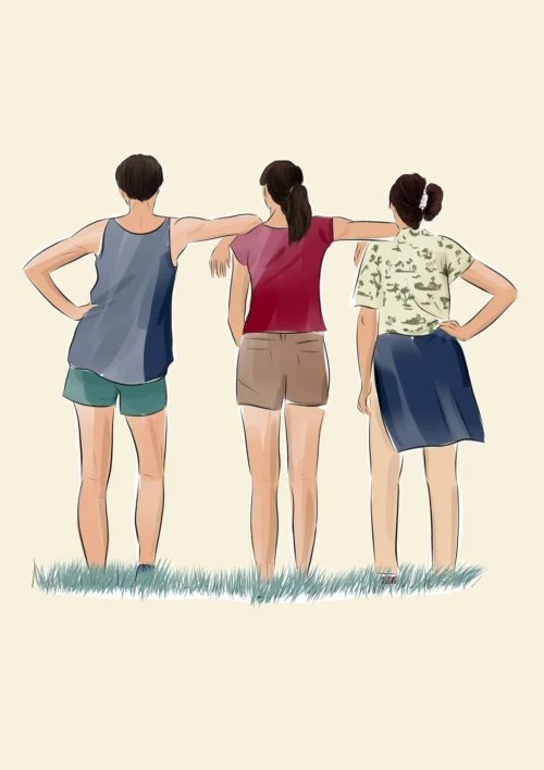 Dessin famille personnalisé de dos. 3 personnes dessinées par DENADDA.