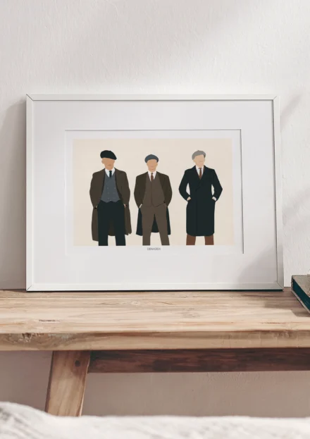 Portrait sans visage 3 personnes, les Peaky Blinders. Une illustration minimaliste personnalisée par Denadda.
