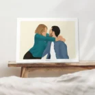 Affiche d'une illustration personnalisée d'un couple qui s'enlace comme décoration d'intérieur pour une chambre. Une oeuvre personnalisée par Denadda.