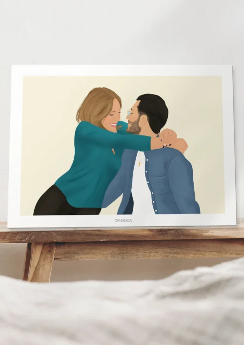 Illustration personnalisée couple Affiche d'une illustration personnalisée d'un couple qui s'enlace comme décoration d'intérieur pour une chambre. Une oeuvre personnalisée par Denadda.