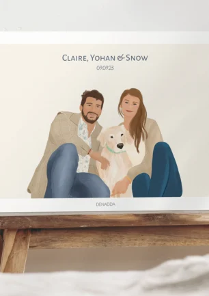 Affiche personnalisée couple et animaux avec prénoms et date. 2 personnes et 1 chien. Un portrait personnalisé par Denadda.