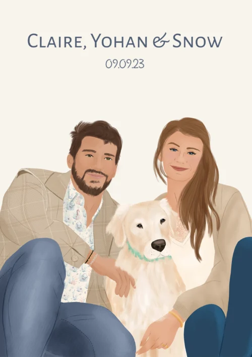 Affiche personnalisée couple et animaux. Une illustration dessinée par Denadda.