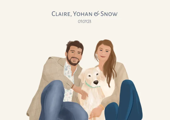 Affiche personnalisée couple et animaux. Une illustration dessinée par Denadda.