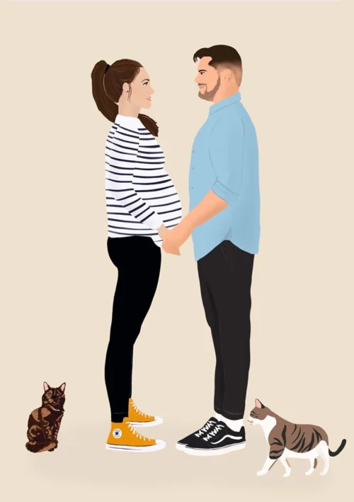 Illustration personnalisée couple et animaux Portrait personnalisé couple et animaux. 2 personnes et 2 chats. Une affiche personnalisée en illustration par Denadda.