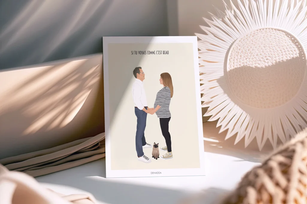Affiche personnalisée d'un couple avec un chat et une citation. Un portrait personnalisé par Denadda.