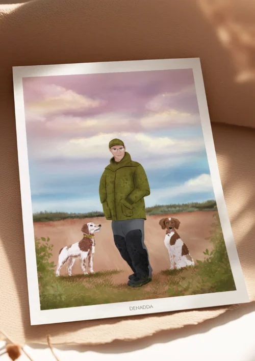 Illustration personnalisée famille et animaux Affiche personnalisée famille et animaux. 1 personnes et 2 chiens sur un fond illustré. Portrait personnalisé par Denadda.
