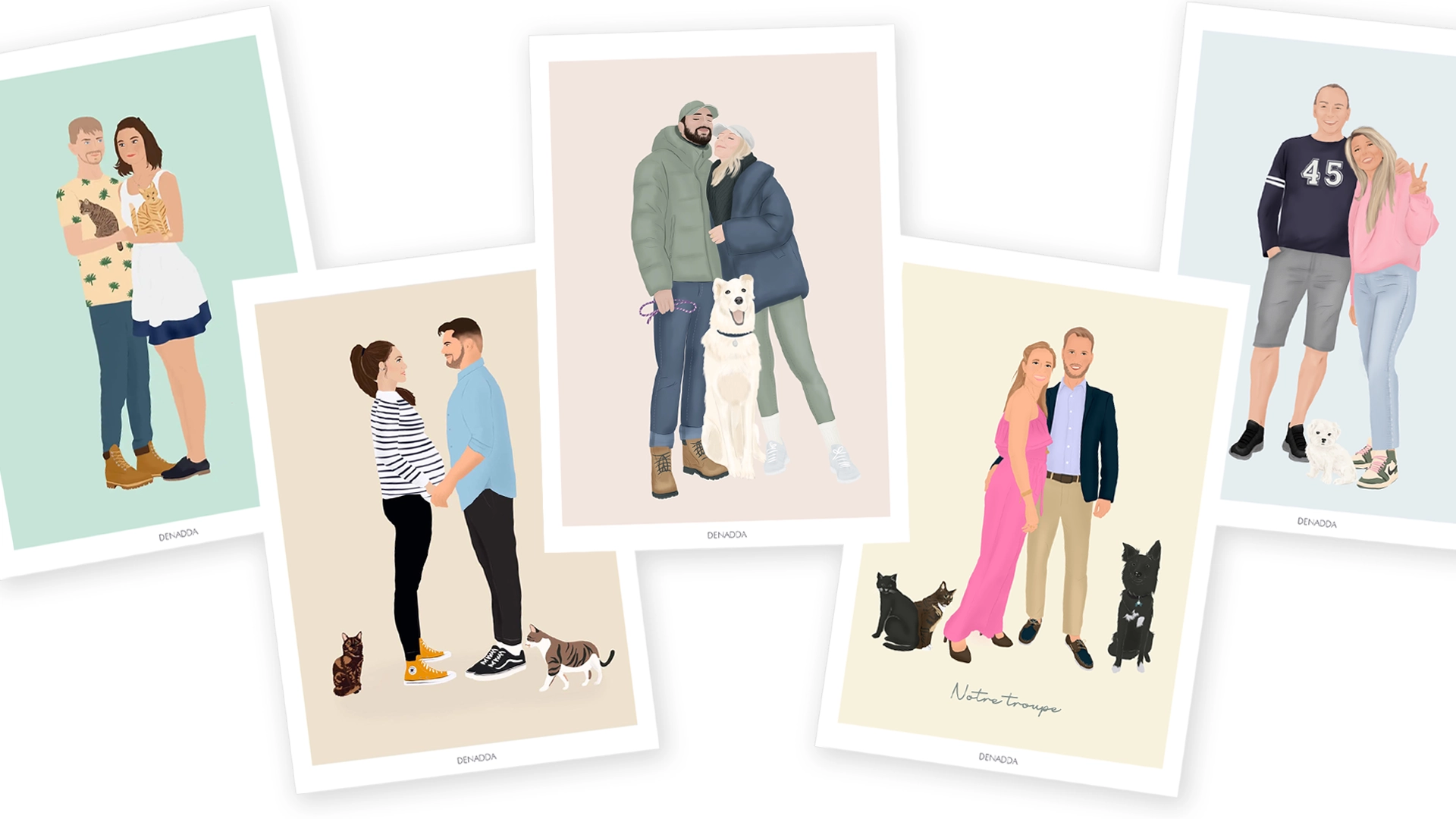 5 Affiches couples et animaux en illustrations personnalisées par Denadda.