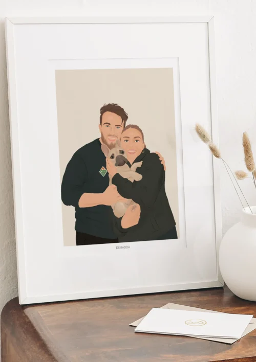Illustration personnalisée couple et animaux Portrait de couple et animaux personnalisé. 2 personnes et un chien dans un cadre. Une affiche personnalisée par Denadda.