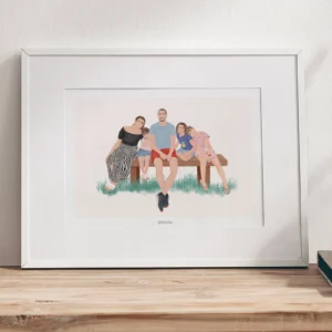 Cadre famille de 5 personnes en illustration personnalisée. Un portrait personnalisé par Denadda.