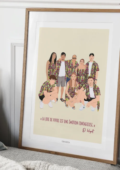 Illustration personnalisée famille Illustration d'une famille de 8 personnes personnalisée avec une citation. Tableau personnalisé par Denadda.