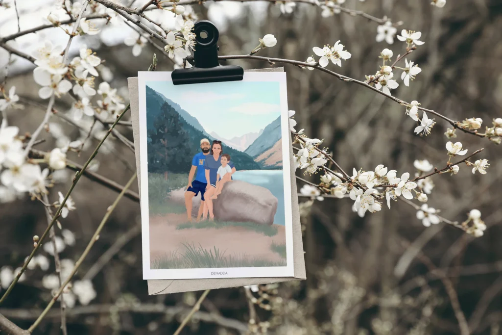 Illustration personnalisée d'une famille de 2 personnes et 1 enfant sur un fond illustré à coté d'un lac à la montagne. Une affiche personnalisée par Denadda.