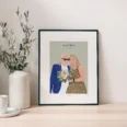 Illustration personnalisée d'un couple avec prénoms et date. Un portrait de couple illustré par Denadda.