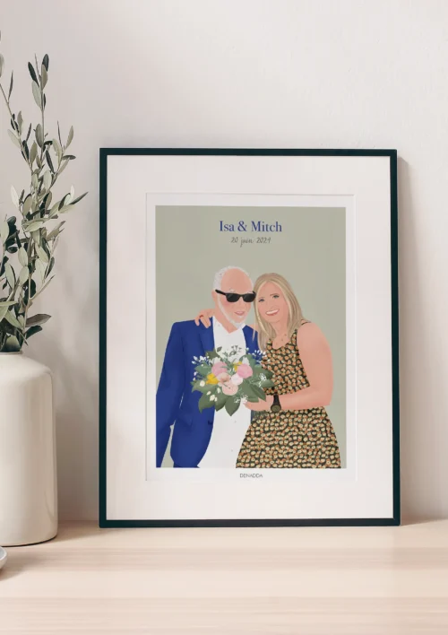 Illustration personnalisée couple Illustration personnalisée d'un couple avec prénoms et date. Un portrait de couple illustré par Denadda.