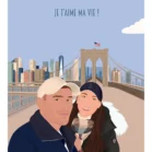 Illustration personnalisée d'un couple sur le pont de Brooklyn à New York. Une affiche couple personnalisé par Denadda.