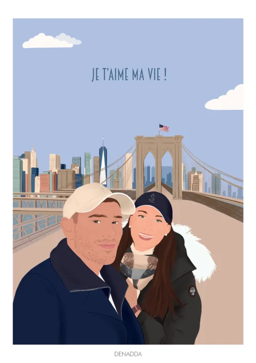 Illustration personnalisée couple Illustration personnalisée d'un couple sur le pont de Brooklyn à New York. Une affiche couple personnalisé par Denadda.