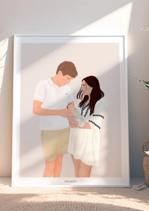Illustration personnalisée famille Illustration personnalisée d'une famille de 3 personnes, papa, maman et 1 bébé. Un cadre personnalisé par Denadda.